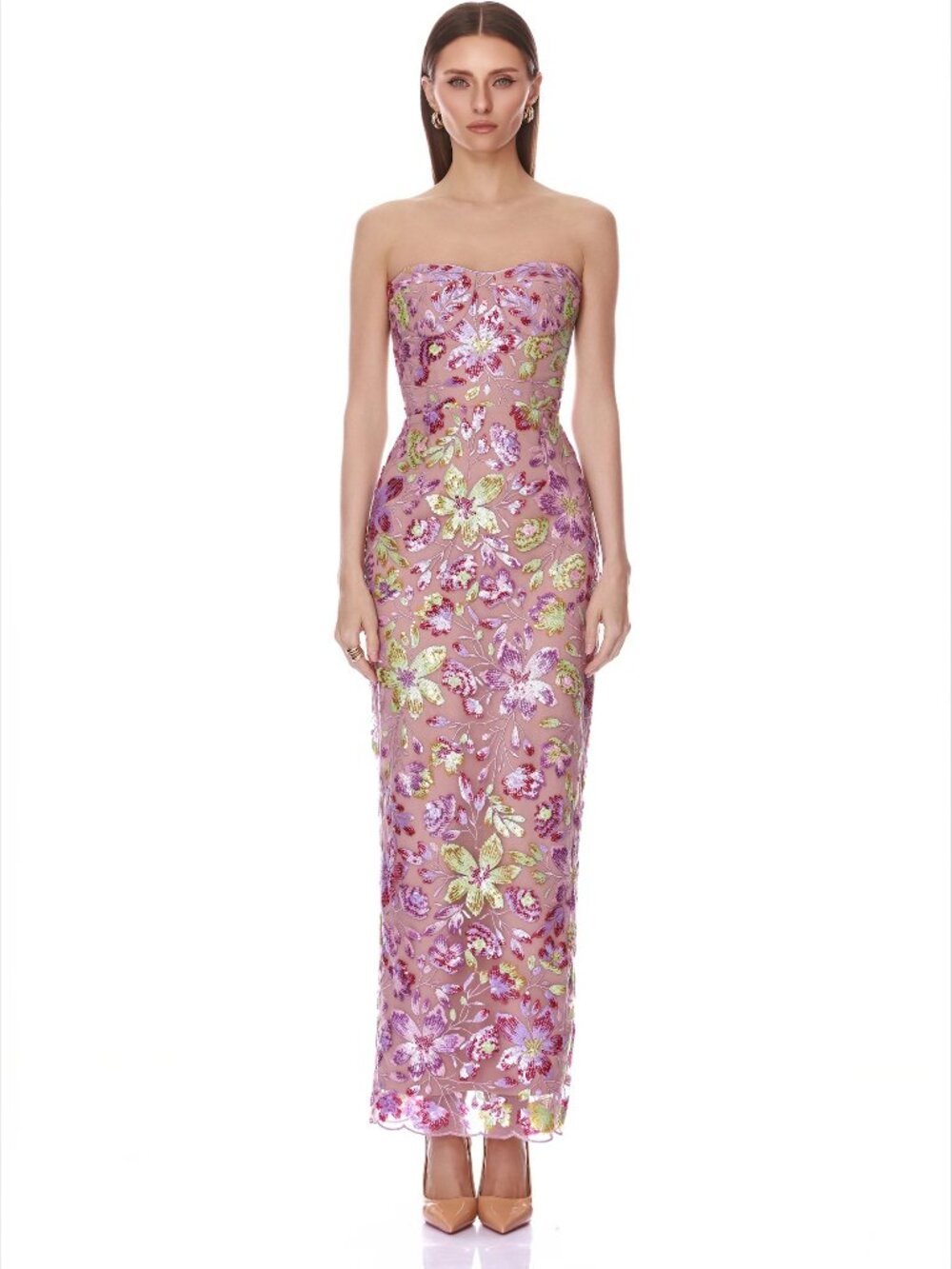 Bronx & Banco Dahlia Embroidery Sequin Strapless Maxi Dress in Pink Green Multi